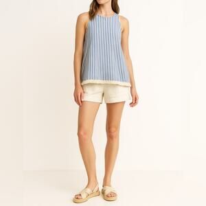 STACCATO Striped Fringe Hem Tank Top | M | Blue Ivory | Coastal Boho Resortwear